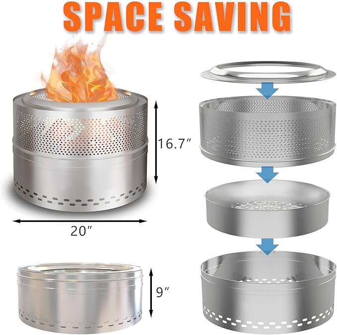 Smokeless Firepit Bonfire 20", Outside Wood Burning Metal Stove Stainless Steel Fire Pit with Carry Bag, Portable Camping Propane Patio Backyard, Easy Setup & Cleaning (Silver)