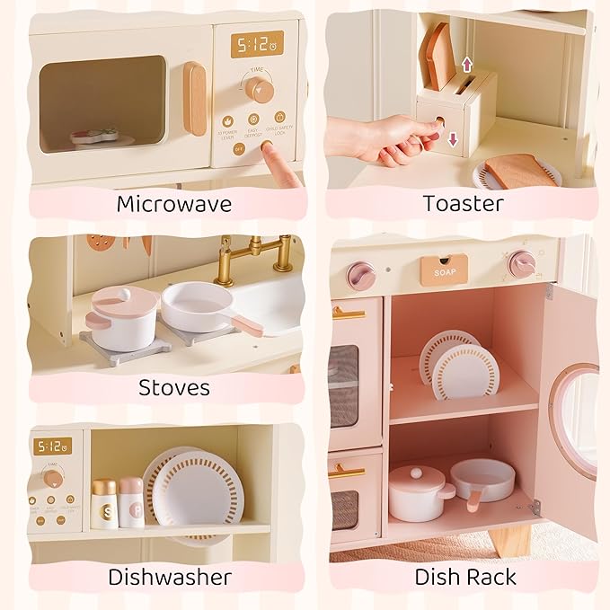 ROBOTIME Kids Play Kitchen, Modern Wooden Toy Kitchen with Ice Maker, Coffee Maker, Oven, Microwave, Toaster, Stove, Dishwasher & Sink, Ultimate Kids Kitchen Playset for Ages 3+