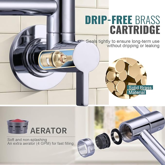 Pot Filler Faucet Chrome, ARCORA Modern Pot Filler Wall Mount 2 Handle with Double Joint Swing Arms Brass Stove Faucet