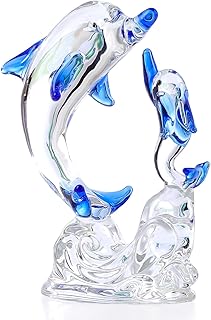 Double Blue Cute Crystal Dolphin Gifts for Women Mom, Glass Dolphin Figurines for Dolphin Lovers Sea Aninal Sculpture Statue Home Desk Decor