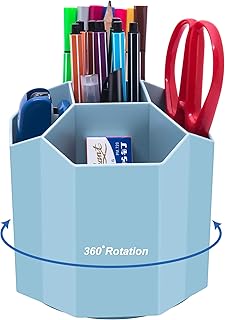 Siveit Desk Pencil Pen Holder, Rotating Pen Organizers 360-Degree 5 Grid Pen Holder for Desktop Storage Stationery Supplies Organizer, Home, Office, School, Kids, Blue