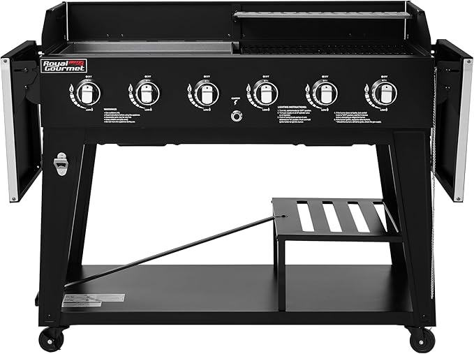 Royal Gourmet GD601B 6-Burner Gas Grill and Griddle Combo, Large Cooking Capacity Propane Grill & Griddle 2-in-1, 78,000 BTU Output for Back Yard, Garden, Family Party, BBQ, Black