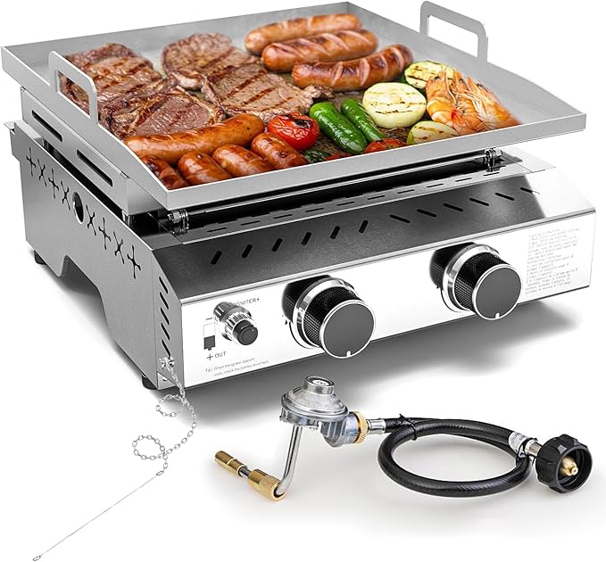 COWSAR 2-Burner Portable Tabletop Grill, 16000 BTU Stainless Steel Non-Stick Outdoor Portable Propane Griddle for Camping RV Backyard BBQ