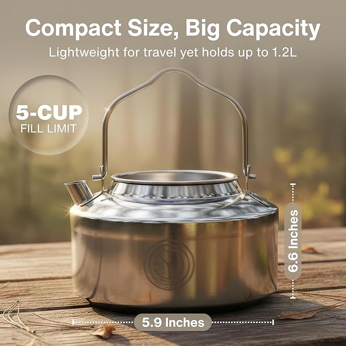 Camping Kettle for Boiling Water 1.2L | Stainless Steel Open Fire Coffee & Tea Pots | 5-Cup Water Kettles| Travel Tea Kettle for Outdoor Cooking & Backpacking