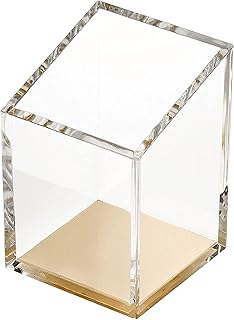 OfficeGoods Acrylic Pen & Pencil Holder - Modern Trapezoid Design - Beautiful Desk Organizer for Home or Office - Contrasting Metal Base - 3" Square w/ 3.5" Front & 4.5" Back - Gold