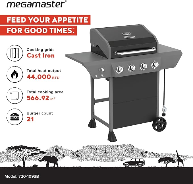 Megamaster 4-Burner Propane Gas Grill with Side Tables, 44,000BTUs, 566.92 SQ. In. Cooking Space, 2 Wheel Transport, Outdoor Kitchen Grill for BBQs, Backyards, Tailgating, and More - 720-1093B