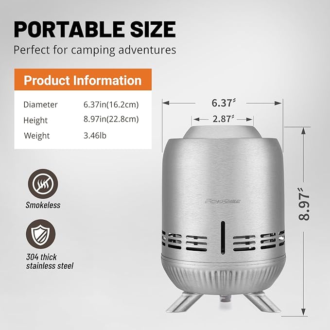 EchoSmile 9 x 7 inch Smokeless Tabletop Fire Pit with Stand, Stainless Steel Portable Fire Pit for Outside Camping, Patio, Camping Stove Fueled by Pellets or Wood Burning, Sliver