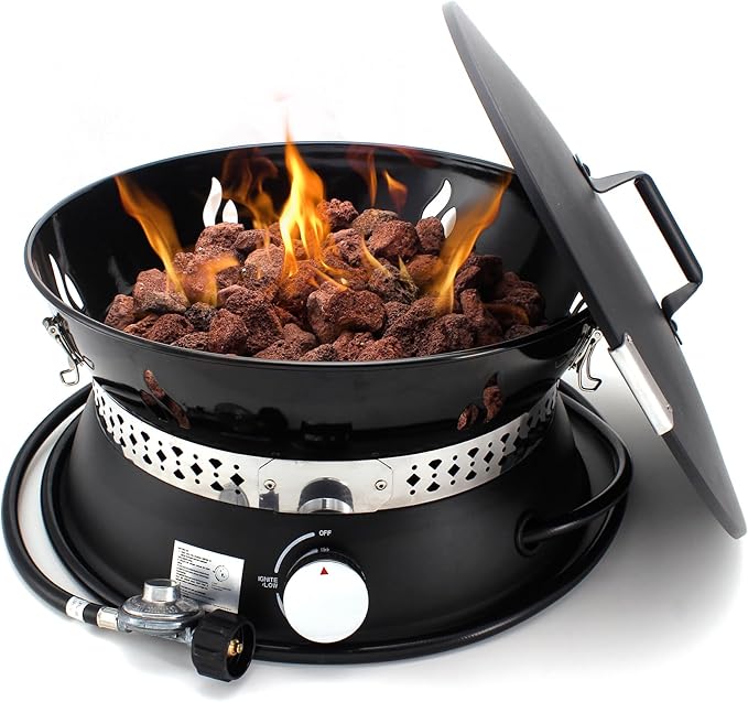19" Propane Gas Fire Pit with Auto Flame-Out Gas Shut-Off, Portable with Lid & Carry Handle, 58,000 BTU, 10 FT Hose, 8 lb Lava Rocks for Camping, RV, Patio, Backyard,Propane Fire Pit for Camping