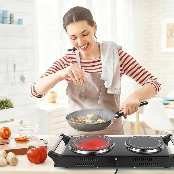 Electric Double Burner, Silicon Crystal Glass Hot Plate Cooktop with 5 Temperature Stepless Adjustments Portable Handles for RV/Home/Camp (Double Burner)