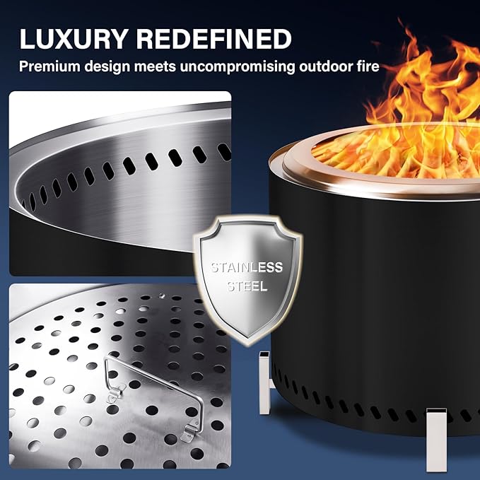 HGD 19.5" Smokeless Firepit with Stand, Stainless Steel Wood Burning Fire Pit for Friends & Family Gatherings, Secondary Combustion Outdoor Patio Stove for Garden BBQ & Bonfire (Black)