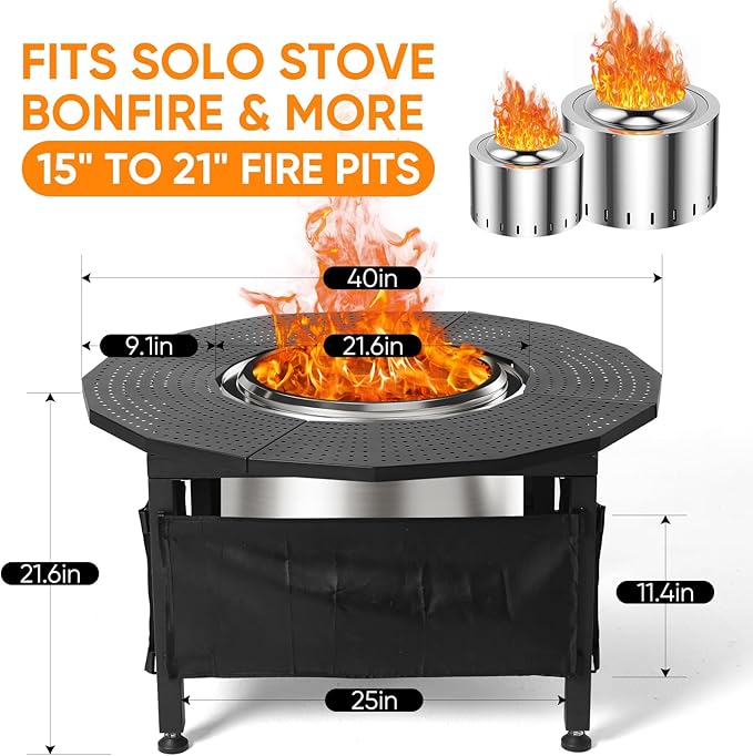 Fire Pit Surround Tabletop for Solo Stove Bonfire – 40" Powder-Coated Carbon Steel Outdoor Fire Pit Table, Compatible with 15"-21" Fire Pits, Tabletop Fire Pit for BBQ, Picnic, Patio