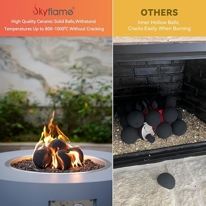 Skyflame Ceramic Fire Balls, Set of 15 Round Fire Stones Set for Indoor and Outdoor Fire Pits or Fireplaces Accessory, 3 Inch, Black