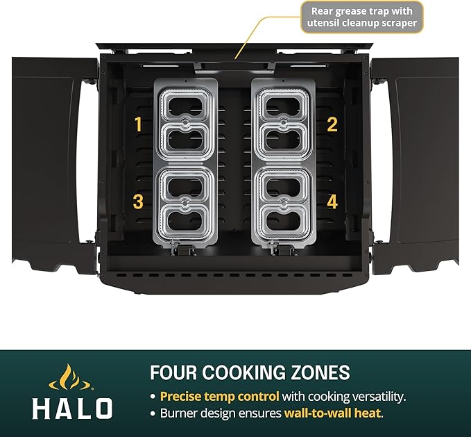 HALO Elite2B Outdoor Griddle | 2 Burner, 4 Cooking Zones | Portable with Warming Rack | 480 sq. in. (24″ x 20″) Wind-Proof Cooking Surface | Propane and Natural Gas Grill | HZ-1003-XNA