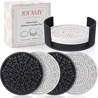 8 Pcs Boho Coasters for Drinks, Silicone Coasters with Holder, Boho Style Grooved Pattern, Tabletop Protection Coaster for Outdoor, Indoor, Coffee Table, Kitchen, Office, Bar, Heat Resistant