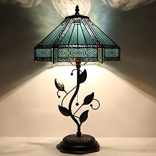 Tiffany Table Lamp, Stained Glass Desk Light, W12H19 Inch, Metal Leaf Base (Mission Style)