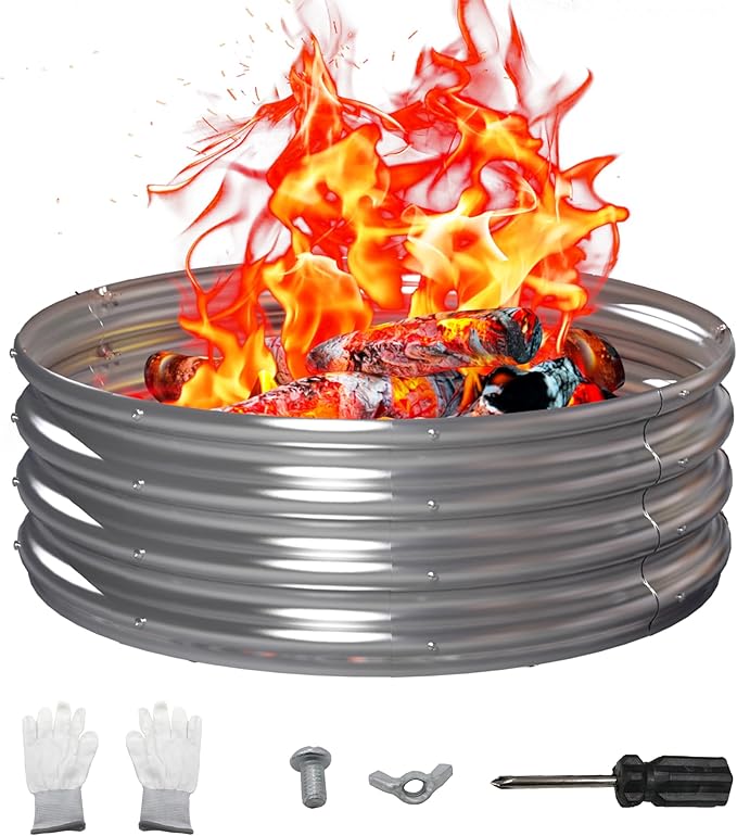 PROWORX 36 Inch Outdoor Fire Pit Ring, Round Galvanized Portable Fire Pit for Camping, Metal Steel Bonfire Fire Ring for Outside, Backyard