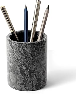 Pen Holder Stand Italy Natural Premium True Marble Makeup Brush Holders, Tableware Organizer Desk Pencil Cup for Home Office School Decor Dark Grey (DL012)