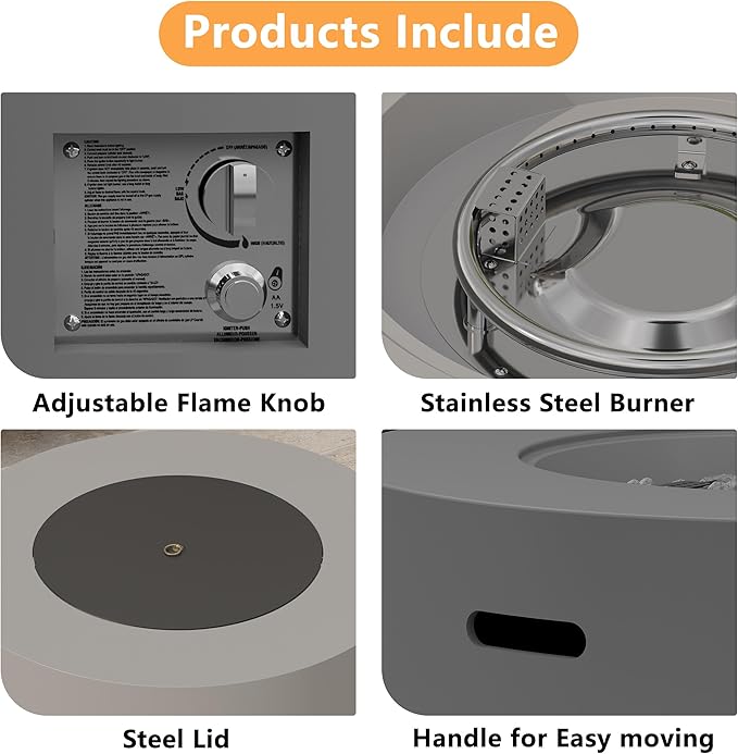 32.5 inch Round Propane Fire Pit, 50000 BTU Gas Fire Pit Table with Steel Lid, Waterproof Cover, 10ft Gas Hose & Gas Tank Base, Lava Rocks, Grey