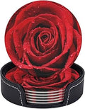 6 Pcs Leather Coasters for Drinks with Holder Blooming Red Roses Coaster Sets Drink Table Cup Coasters for Kitchen Coffee Decor
