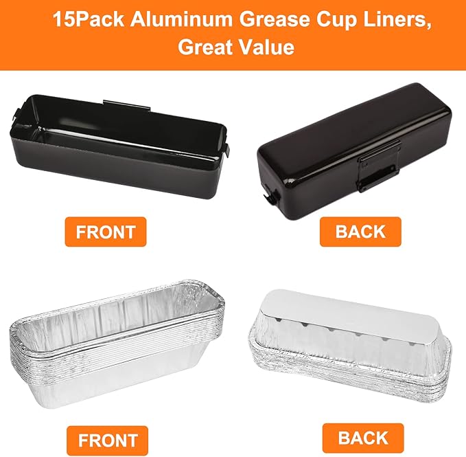 Utheer Grease Catcher for Camp Chef Griddles with 15-Pack Foil Drip Pan Liners, Disposable Grease Cup Liners for Camp Chef SG14 SG30 SG60 SG90 SG100, Leakproof, Easy to Replace, Heat-Resistant