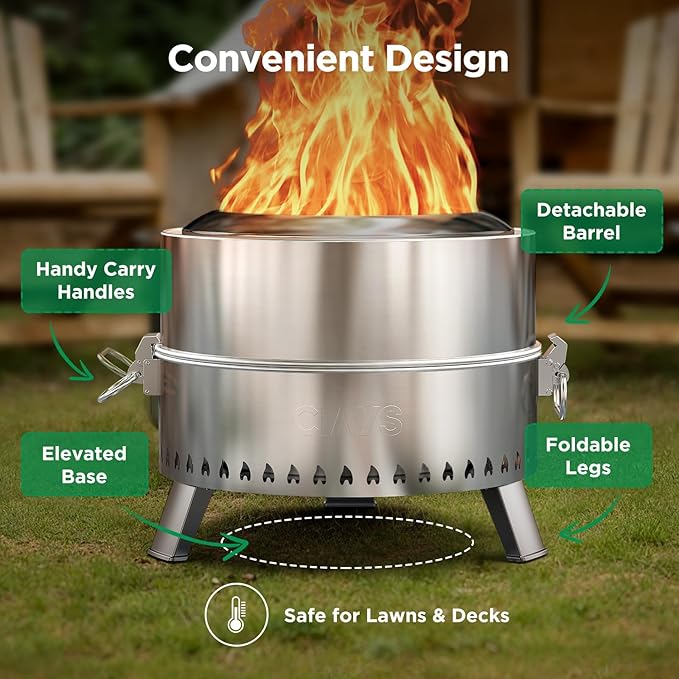 Ciays Smokeless Firepit, 17 inch Fire Pit for Camping with Patented Technology, Portable Fire Pit for Outside with Steel Grill Rack, Fire Poker, and Bag, Easy Setup and Storage, Wood Burning