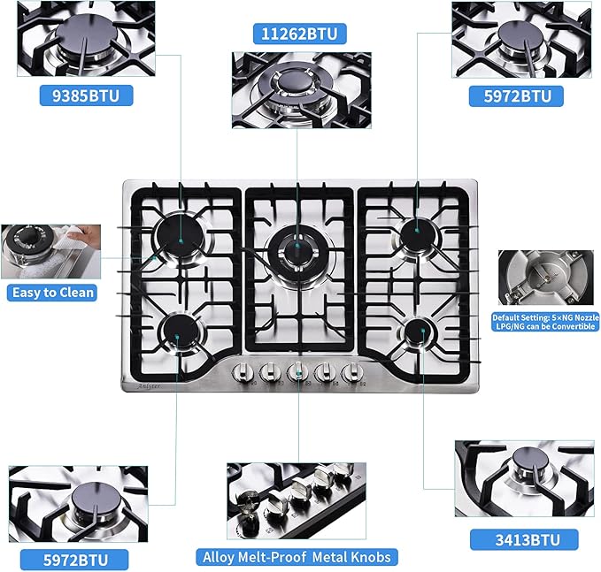 30 Inch Gas Cooktop, 5 Burners Built-in Gas Stovetop Stainless Steel LPG/NG Gas Stove Dual Fuel Sealed Gas Hob with Wok Stand and Pressure Regulator