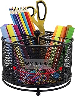Pen Holder for Desk, 360 Rotating Mesh Pencil Organizer Marker Storage Caddy, Black Large Capacity Desktop Stationery Organizer, 4 Compartments for Home Office School Kids Art Supplies