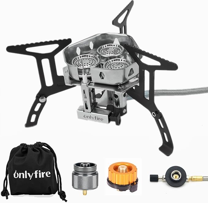 ONLYFIRE OUTDOOR LIVING Portable Camping Gas Stove 6800W, Small Backpacking Stove with Propane Gas Adapter, Mini Foldable Camp Stove with Carry Bag for Picnic Camping Hiking Emergency Use, GS334-2A