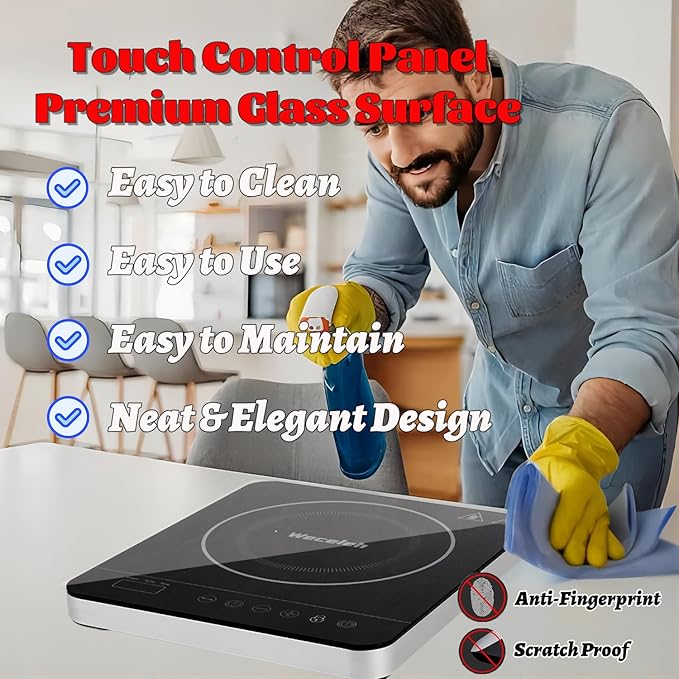 Portable Single Induction Cooktop Hot Plate Countertop Burner Cooker 1 Burner, 1800W, 9 Power Levels, 10 Temp Levels, Timer, Auto-Shut-Off, Touch Panel, LED Display, Child Lock, Black