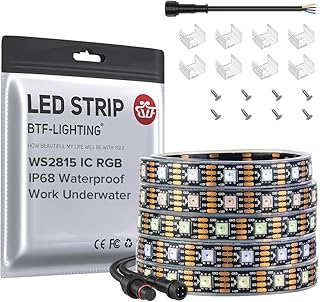 BTF-LIGHTING IP68 Waterproof Outdoor WS2815(Upgraded WS2812B) RGB LED Strip Individually Addressable 5050SMD Dual Signal DC12V 16.4ft 300Pixel Can Work Outdoor Black PCB(No Adapter or Controller)