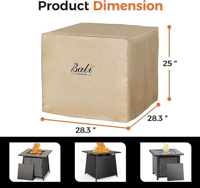 BALI OUTDOORS Square Durable Fire Pit Cover, 600D Heavy Duty with PVC Coating, Khaki, 28.3'' x 28.3'' x 25''