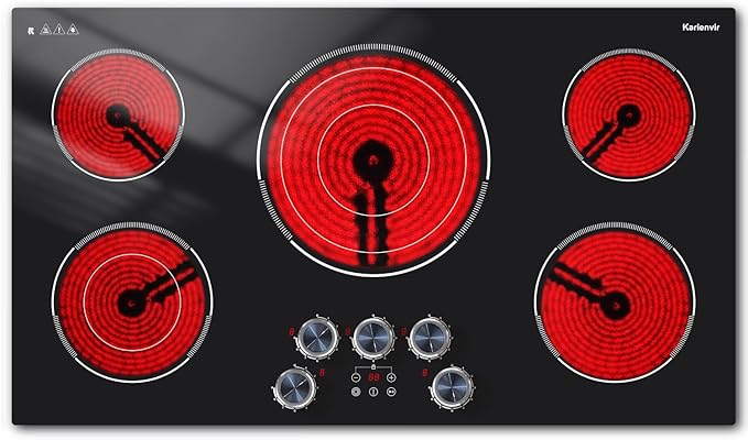 Electric Cooktop 36 Inch Karienvir, 5 Burner 9200W Electric Stove Top with Dual-Ring & Triple-Ring Burners, 220V-240V Hardwired Cooktop, 36" Cook top With Knob Control 9 Level Power, Timer, Lock