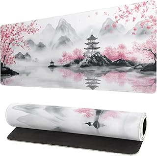 Pagoda Mouse Pad 31.5x11.8 Inch White Full Desk Japanese Mousepad Extended Large Non-Slip Rubber Base Waterproof Big Keyboard Mat with Stitched Edges for Gaming and Office