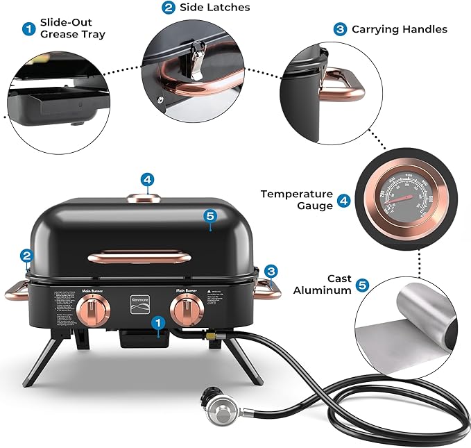 Kenmore 2-Burner Portable Gas Grill, Tabletop BBQ Grill with Warming Rack, Foldable Legs, Stainless Steel Burners, Fits 5 & 20 lb Propane Tanks, Ideal for Camping & Tailgating, Black & Copper