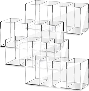 Pajean 4 Pack Acrylic Pen Pencil Holder - 4 Compartments Clear Pencil Pen Holder Organizer - Makeup Brush Holder Acrylic Pencil Organizer Cup for Office Home Supplies Desk Accessories