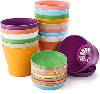 Tosnail 16 Pack 5.5 Inches Small Plastic Plant Flower Pot with Saucers, Seedlings Nursery Pots Planter with Pallet, Planting Gardening Containers - Assorted 8 Colors