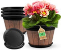 Quarut 4 Pack 10 inch Plant Pots,Upgrade Whiskey Barrel Planters with Drainage Holes & Saucer,Plastic Decoration Flower Pots Retro Design,Planters for Outdoor Indoor Garden Home Plants (Brown)