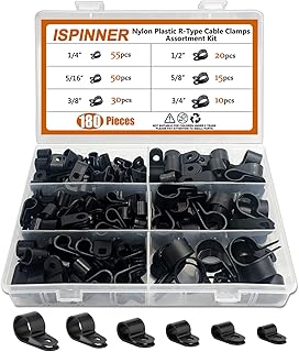 ISPINNER 180pcs Nylon Plastic R-Type Cable Clamps, 1/4" 5/16" 3/8" 1/2" 5/8" 3/4" Clips Fasteners Assortment Kit for Cable Conduit (Black)