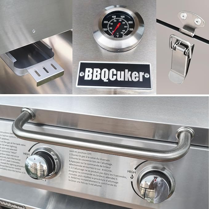 BBQCuker Small Tabletop Gas Grill 2-Burner, Portable Propane Gas Grill with Foldable Legs for Outdoor Camping Cooking Two 10,000 BTU Burners Stainless Steel,Built-in Thermometer