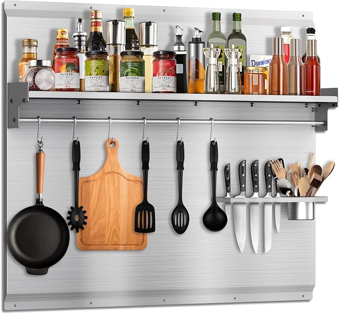 36"x24" Stove Backsplash, Stainless Steel Range Backsplash with Storage Shelf & Hooks - Easy Install Kitchen Splash Guard Wall Panel