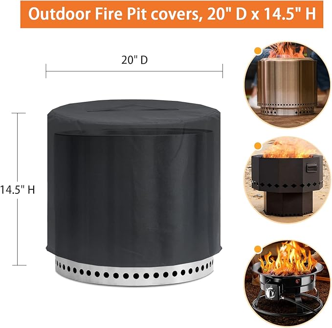 Fire Pit Cover for Solo Stove Bonfire 2.0, 600D Waterproof Anti-UV & Tear Resistant Round Cover All-Weather Outdoor Protection, Black, 20" D x 14.5" H
