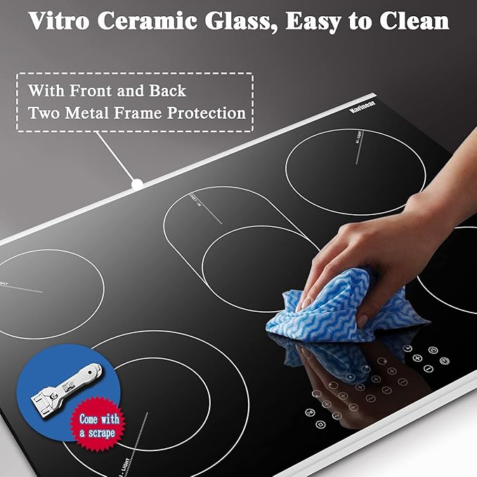 Karinear 30 Inch Electric Cooktop 30 Inch 5 Burners Electric Stove Ceramic Cooktop, Drop-in Radiant Stovetop with Front and Back Metal Frame, Lock, Timer, 8400W, 220-240V, Hard Wire, No Plug