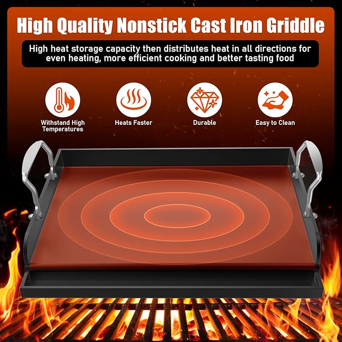 Griddle for Gas Grill, Cast Iron Griddle for Gas Grill & Stove Top, 17"x13" Flat Top Griddle Nonstick Grill Griddle Plate for Charcoal Outdoor Camping Cooking for Blackstone Style Flat Top Grill