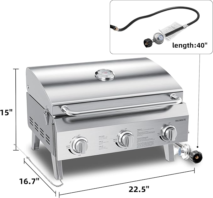 Tabletop Gas Grill 3-Burner, 22-inch Portable Propane Grill, 30,000 BTUs Stainless Steel Grill with Foldable Legs, Ideal for BBQ, Camping, Patio, Backyard, Tailgate, and Holiday Gatherings