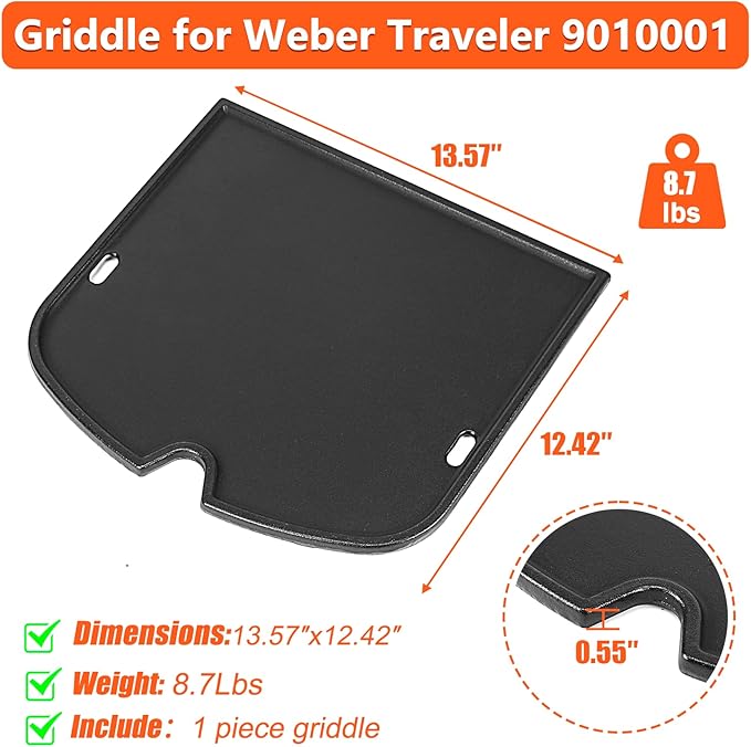 7034 Cast Iron Cooking Griddle Plate for Weber Traveler Portable Gas Grill Accessories, Griddle Replacement Parts for Weber Traveler 9010001 Outdoor BBQ Grill Replacement Part, 13.57 x 12.42 Inches
