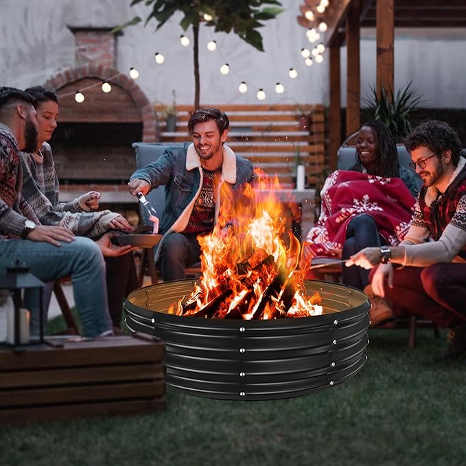 YSEJOMP 48 Inch Round Galvanized Fire Pit Ring/Fire Ring - Foldable and Perfect for Outdoor Gatherings and Campfires in The Yard/Garden/Park/Beach (Black+Gray, 4 FT Diameter+1 FT Tall)