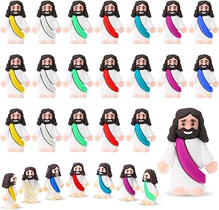 Bememo 25 Pcs Little Jesus Figures Original Design Mini Rubber Jesus Figurine to Hide and Seek Religious Party Favors Sunday Baptism Gifts(Multicolor)
