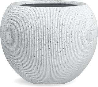KUTE NEST 9.7" H x 12" D Premium Ribbed Globo Fiberstone Round Planter with Drainage Hole, Weather Resistant for Indoor and Outdoor Use, Included 2 Extra Coco Mats (Speckled White, 7.8" Pot Opening)