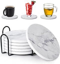 Absorbent Coasters for Drinks,Ceramic Coaster Set of 6 with Holder, Durable Cup Coaster for Coffee Table with Cork Base for Table Protection, Housewarming Birthday Gifts, Home Decor (White Marble)