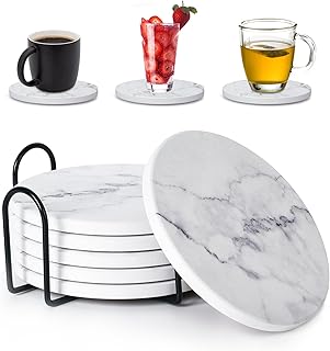 Absorbent Coasters for Drinks,Ceramic Coaster Set of 6 with Holder, Durable Cup Coaster for Coffee Table with Cork Base for Table Protection, Housewarming Birthday Gifts, Home Decor (White Marble)